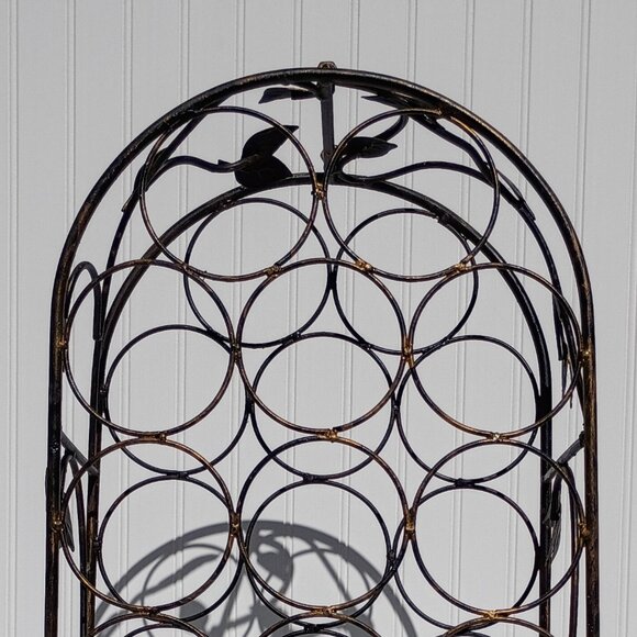 Tall Wine Rack Black Gold Wrought Iron with Grape Leaves 17 Bottle Holder Vtg - Picture 4 of 13